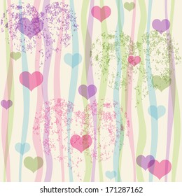 Seamless valentine pastel grunge pattern with translucent colorful strips and hearts (vector eps 10)
