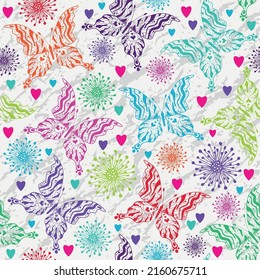 Seamless valentine pattern with butterflies, hearts and flowers  on a white and gray background. Vector eps 10 