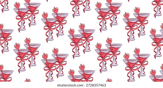 Patrón de San Valentín sin fisuras, vasos de cóctel con lazos rojos. Patrón romántico sin fisuras con copas de cóctel decoradas con lazos de cinta de seda roja y corazones sobre fondo claro. Elegante diseño de San Valentín para tejido, textil y embalaje. 