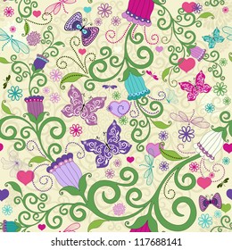 Seamless valentine pattern with colorful floral garland and butterflies and dragonflies and hearts (vector)