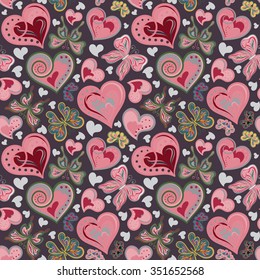 Seamless valentine pattern with colorful vintage pink and brown butterflies, flowers and hearts on black background. Vector illustration