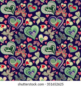 Seamless valentine pattern with colorful vintage green butterflies, flowers and red hearts on black background. Vector illustration