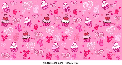 Patrón de San Valentín sin fisuras con quequitos, caja de regalo y corazones. Diseño para la boda. 14 de febrero. Diseño de menú. Plantilla para una panadería, cafetería. Fondo de fondo para fondo de pantalla, rellenos de patrones, página web. Vector