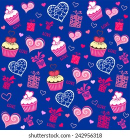 Seamless valentine pattern with cupcake, gift box and  hearts. Vector Illustration