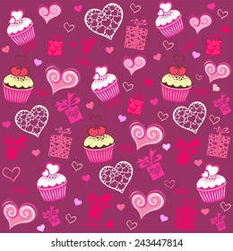 Seamless valentine pattern with cupcake, gift box and  hearts. Vector Illustration