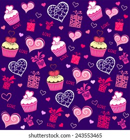 Seamless valentine pattern with cupcake, gift box and  hearts. Vector Illustration