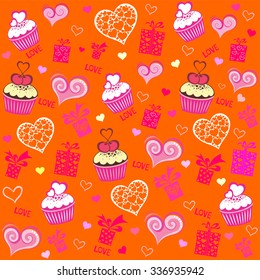 Seamless valentine pattern with cupcake, gift box and hearts. Vector Illustration