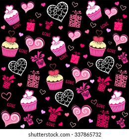 Seamless valentine pattern with cupcake, gift box and hearts. Vector Illustration