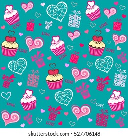 Seamless valentine pattern with cupcake, gift box and hearts. Vector Illustration