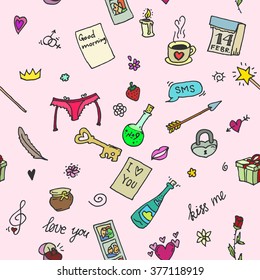 Seamless valentine pattern with cupid, love, hearts, doves, gifts, candy, lovers, flowers, valentine