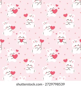 Patrón de San Valentín sin fisuras con lindo conejito sosteniendo el corazón sobre fondo rosa suave. Diseño romántico dulce para la tela, papel de embalaje, decoración de vivero y embalaje de regalo.