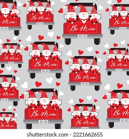 Seamless valentine pattern with cute gnomes on the car