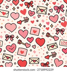 Patrón de San Valentín sin fisuras con lindos corazones dibujados a mano, sobres, arcos, flechas y Formas decorativas. Perfecto para papelería, papel de regalo, tarjetas o fondos digitales.