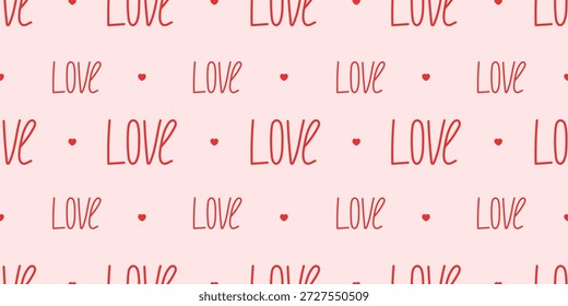 Nahtloses Valentinsmuster mit süßen Herzen, Liebestext. Ideal für Valentinstag-Schreibwaren, Tapeten, Geschenkverpackungen und moderne romantische Hintergründe.