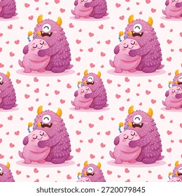 Patrón de San Valentín sin fisuras con la pareja monstruosa linda que abraza y los corazones en estilo rosado de la historieta