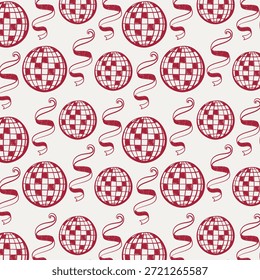Patrón de San Valentín sin fisuras con bola de discoteca y Elementos de cinta. Fondo romántico retro para el diseño del partido, papel de embalaje, textil, cartel y decoración festiva.