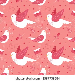 Seamless Valentine pattern with Dove, Rose, and Love Letter. Vector illustration.