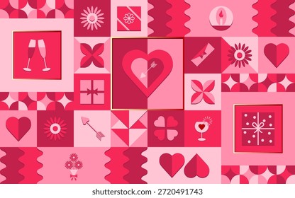 Patrón de San Valentín sin fisuras con corazones geométricos, regalos y símbolos románticos. Fondo de Vector romántico con estilo. Perfecto para embalajes, Fondos de pantalla, tarjetas de felicitación y proyectos digitales.
