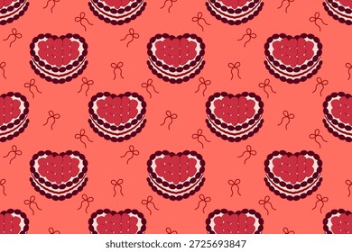 Patrón de San Valentín sin fisuras con pasteles en forma de corazón con fresas y arcos. Ideal para la marca de panadería, embalaje, boda y celebraciones románticas.