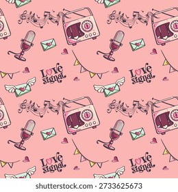 Seamless Valentine pattern featuring retro radio, vintage microphone, winged love letters, musical notes, hearts and bunting on a pink background. Repeating romantic broadcast and mail motif. Vector illustration