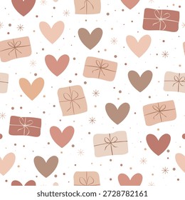 Patrón de San Valentín sin fisuras con corazones planos y cajas de regalo minimalistas atadas con lazos de hilo en una paleta de color beige-rubor apagado, perfecto para envolver papel, embalaje, papelería, textiles, Fondos de pantalla y marca romántica.