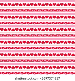 Seamless valentine pattern in flat vector style with horizontal stripes of red and pink hearts on white background. Repeating vector design for wrapping paper, fabric, wallpaper, digital background