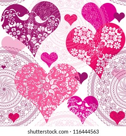 Seamless valentine pattern with flowers and vivid hearts (vector)