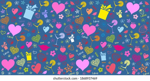 Patrón de San Valentín sin foco con caja de regalo y corazones. Diseño para la boda. 14 de febrero. Diseño de menú. Plantilla para una panadería, cafetería. Fondo de fondo para fondo de pantalla, rellenos de patrones, página web. Vector
