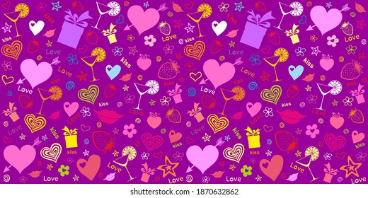 Seamless valentine pattern with  gift box and hearts. Design for wedding. February 14. Menu design. Template for a baking shop, cafe. Background for wallpaper, pattern fills, web page. Vector 