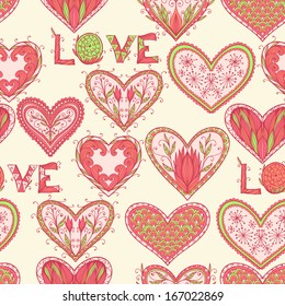 Seamless Valentine pattern with hand drawn ornate hearts