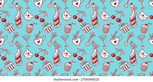 Nahtloses Valentinsmuster mit handgezeichneten Liebessymbolen, Weinflasche, Cupcakes, Geschenken und romantischen Symbolen. Spielerischer Vektorhintergrund für Urlaubsdesign und Verpackung.