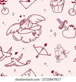 Seamless Valentine pattern with hand drawn cupid, heart, champagne, bow and arrow, cupcake, love birds, and romantic doodles in red line art for packaging, wrapping paper, textiles, cards. Vector illustration
