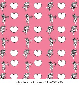 Seamless valentine pattern with heart and Cupid on pink background, digital art, vector graphics 