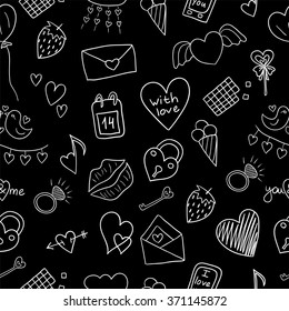 Seamless valentine pattern with hearts, chocolate, ice cream, love letters, love birds. Happy Valentine's day vector background. Black and white illustration