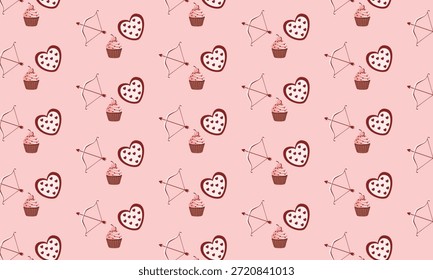 Nahtloses Valentinstag-Muster mit Herz-Cupcake und Amor-Schleife