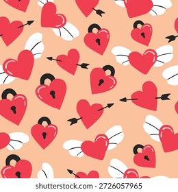 Patrón de San Valentín sin fisuras con corazones y flechas cupido que simbolizan el amor y el romance. Adecuado para bodas, tarjetas, papel de regalo y diseños festivos.