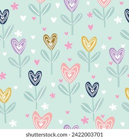 Patrón valentino sin soldadura con corazones, flores y hojas sobre fondo verde, utilizado para papel de pared textil e impresión.Vector de corte