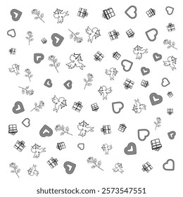 Seamless Valentine Pattern with Hearts, Roses, Cupids, and Gifts in Black and White
