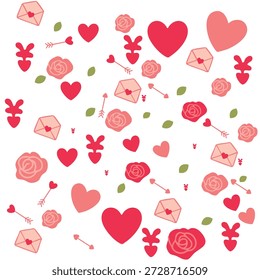 Patrón de San Valentín sin fisuras con corazones, rosas, cartas de amor y flechas de Cupido.