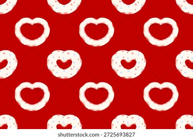 Nahtloses Valentinstag-Muster mit herzförmigen Donuts, die mit Marmelade und Zuckerstreuseln auf rotem Hintergrund überzogen sind. Perfekt für Bäckerei, Verpackungen, Tapeten und Partydesigns.