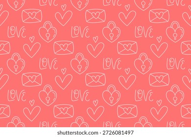 Nahtloses Valentinsmuster mit Liebeskritzeln auf korallenrosa Hintergrund. Romantisches, nahtloses Line-Art-Muster mit Herzen, Umschlägen, Liebesschlössern. 