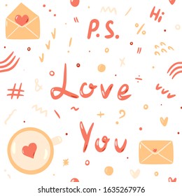 Seamless valentine pattern. Love you, heart, letter. Vector background. Illustration for menu, catalog, restaurant, cartoon, game, kitchen, textile, decor.