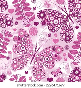 Seamless valentine pattern with pink butterflies on a  transparent background. Vector 