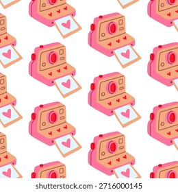 Padrão de namorados sem costura com câmeras instantâneas cor-de-rosa imprimindo fotos do coração em um fundo branco, perfeito para papel de embrulho romântico, papel scrapbook, tecido e papelaria história de amor.