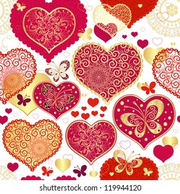 Seamless valentine pattern with red and gold hearts and butterflies (vector)