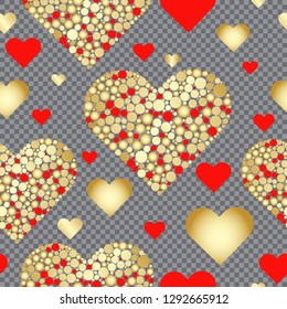 Seamless valentine pattern of red and gold hearts on a transparent background, eps 8