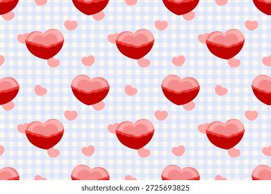 Nahtloses Valentinsmuster mit roten und rosa Herzschokoladen auf blau-weißem kariertem Hintergrund. Ideal zum Verpacken von Papier, Stoff, Schreibwaren und romantischen Designs.