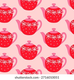 Seamless Valentine pattern with red teapots decorated with white bows and dots, pink handles, and lids on a soft pastel background, perfect for cozy tea-themed wrapping paper, fabric, kitchen decor.