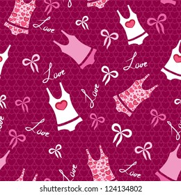 Seamless valentine pattern with ribbons, words "love" and printed underwear.