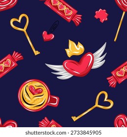 Patrón de San Valentín sin fisuras con corazones alados, llaves de oro, dulces y taza de café. Vector. Ilustración romántica colorida para diseños de amor, papel de regalo, tarjetas, textiles y Fondos de pantalla, papelería